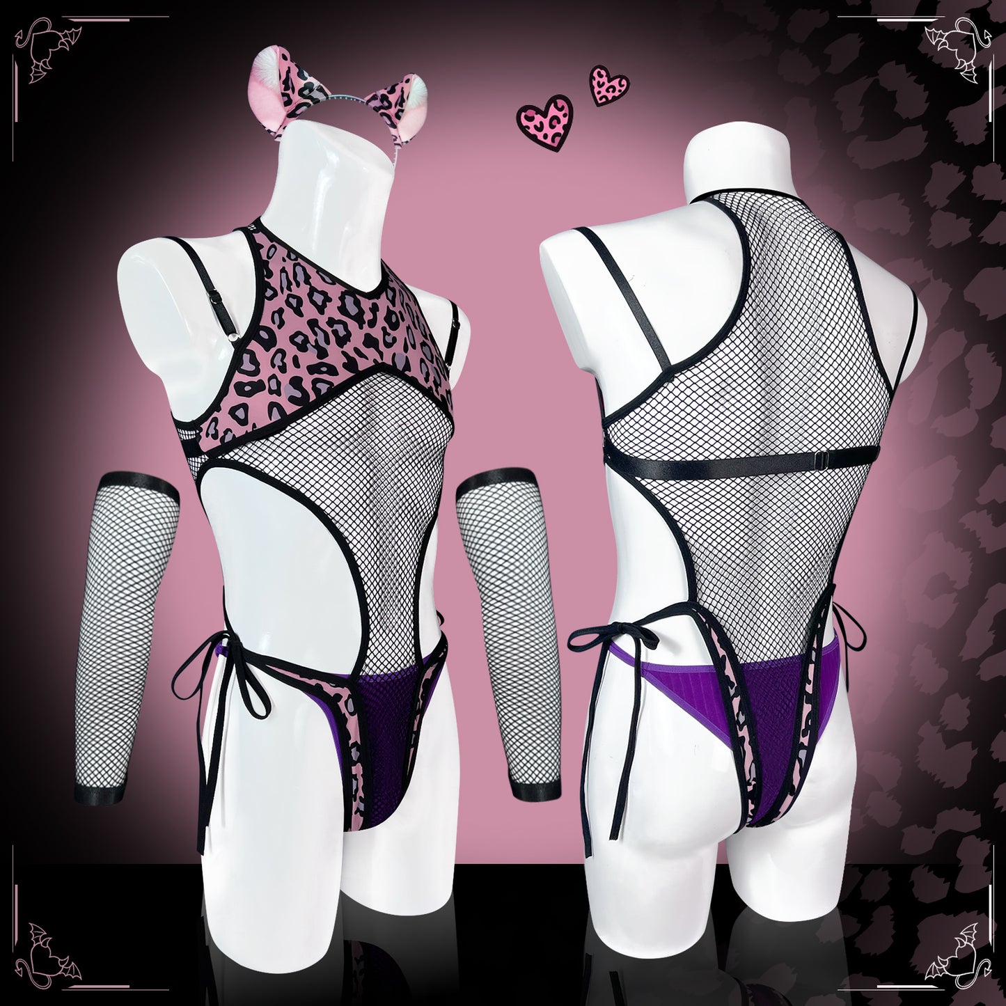Pre-sale Pink Leopard Fishnet Bodysuit (5-Piece Set) AS62