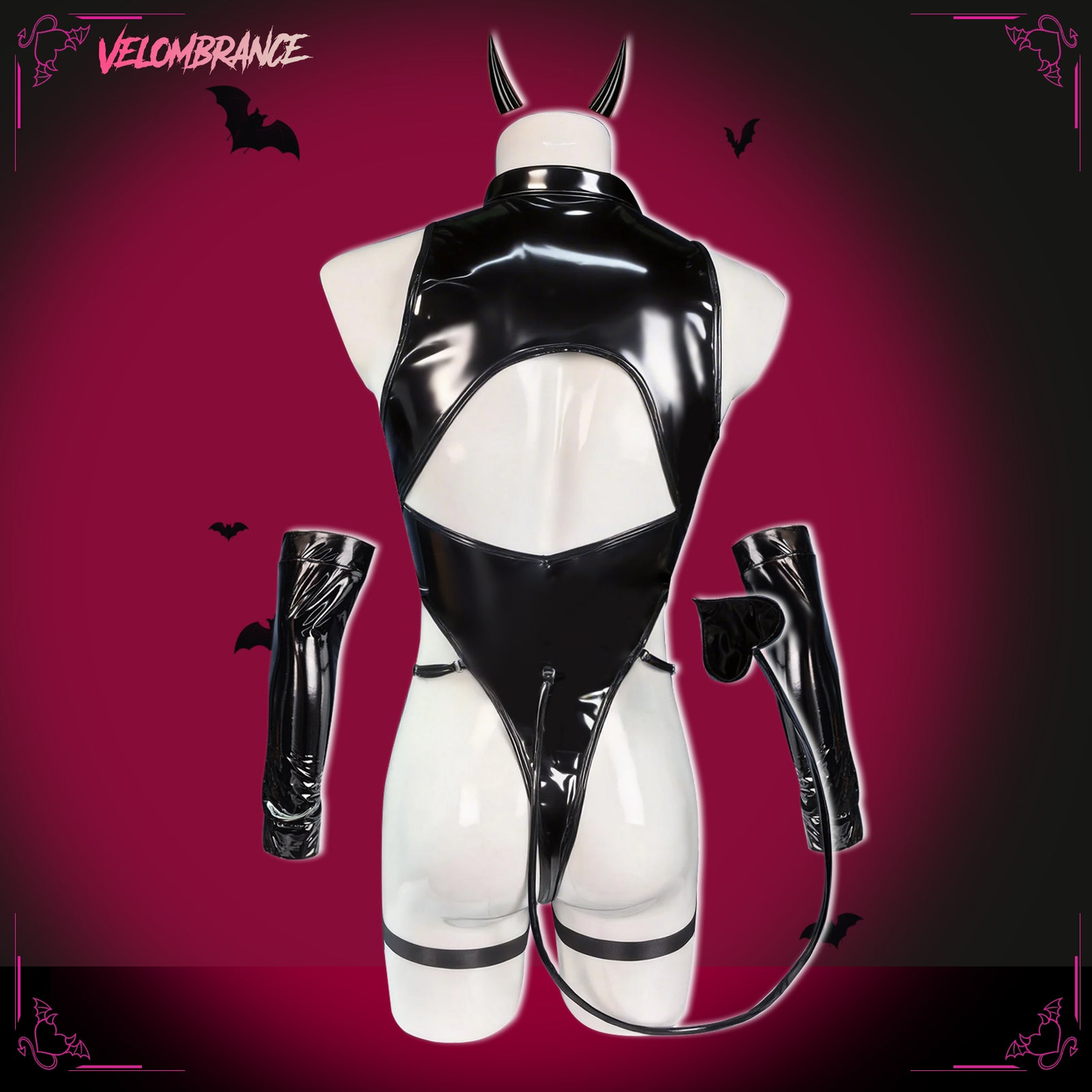 Devil Shiny Leather Strap Bodysuit(4-Piece Set) AS01