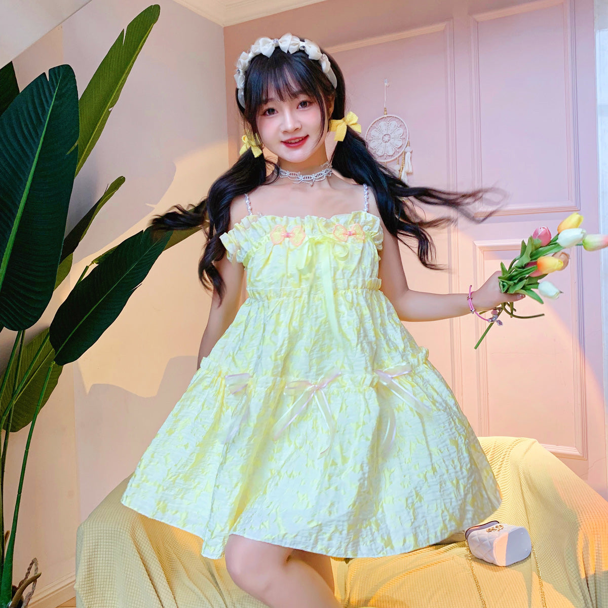 Yellow Puffy Slip Dress PL52496