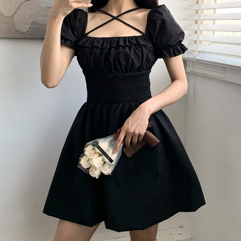 Vintage Square Neck Short Sleeve Dress PL52389