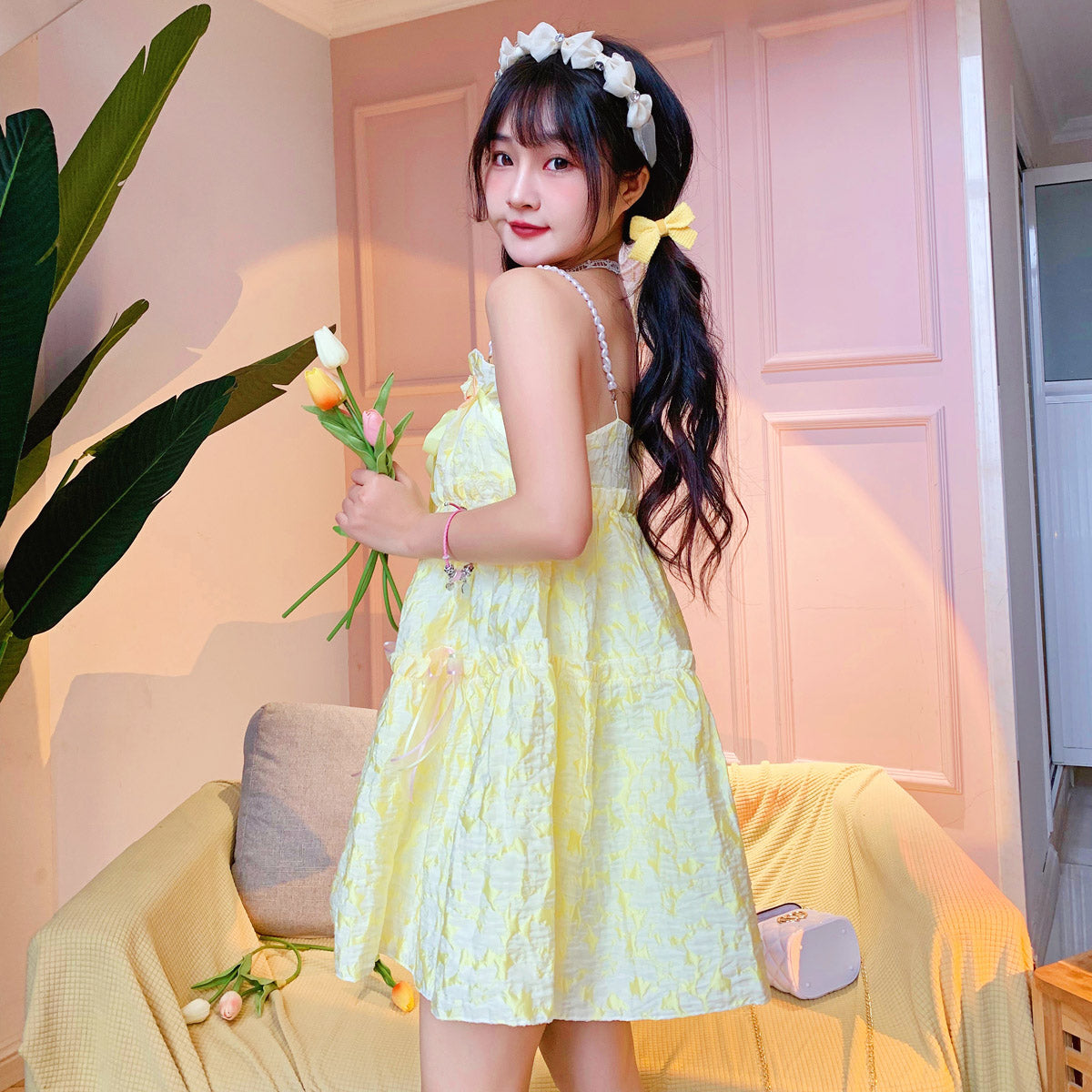 Yellow Puffy Slip Dress PL52496