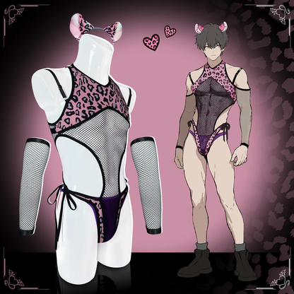 Pre-sale Pink Leopard Fishnet Bodysuit (5-Piece Set) AS62