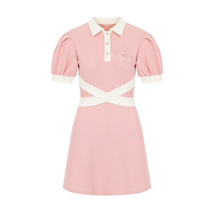 polo collar knit bow waist dress PL53361