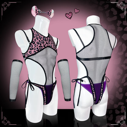 Pre-sale Pink Leopard Fishnet Bodysuit (5-Piece Set) AS62