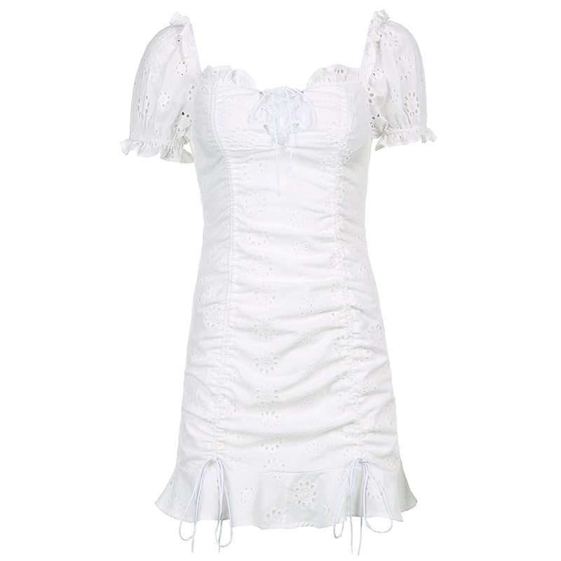 Vintage Puff Sleeve Jacquard Cutout Dress PL52391