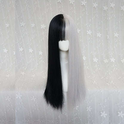 Black and white long straight wig PL50717